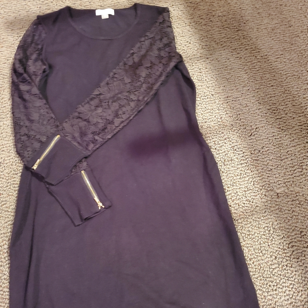 Black knit and lace sleeve dress
